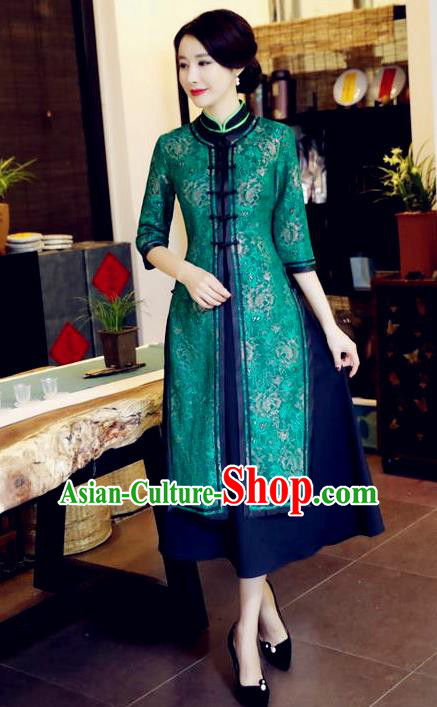 Chinese National Costume Handmade Green Qipao Dress Traditional Tang Suit Two-pieces Cheongsam for Women