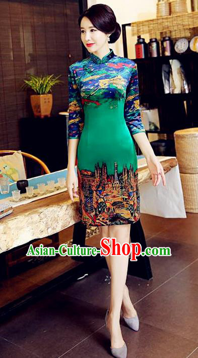 Chinese National Costume Handmade Tang Suit Green Qipao Dress Traditional Velvet Cheongsam for Women