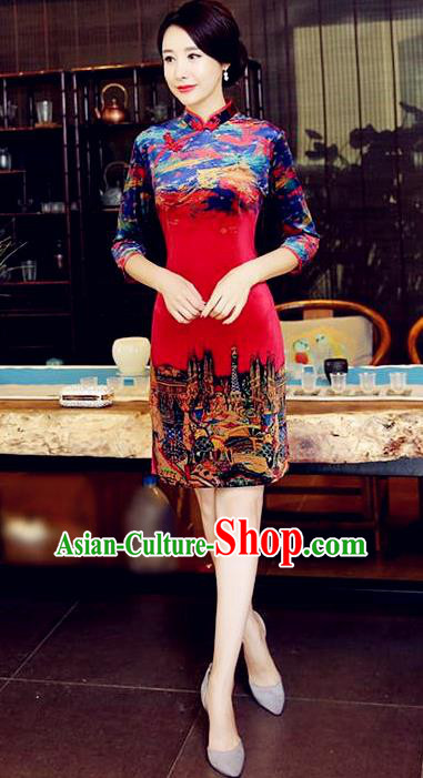 Chinese National Costume Handmade Tang Suit Red Qipao Dress Traditional Velvet Cheongsam for Women