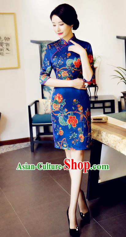 Chinese National Costume Handmade Tang Suit Blue Qipao Dress Traditional Printing Flowers Cheongsam for Women