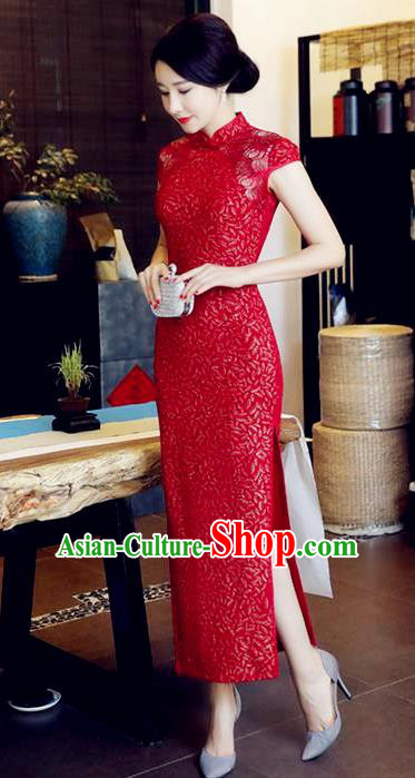 Chinese National Costume Handmade Tang Suit Red Qipao Dress Traditional Long Cheongsam for Women