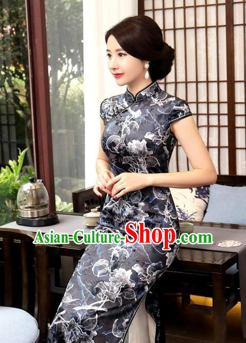 Chinese National Costume Handmade Tang Suit Black Qipao Dress Traditional Printing Flower Cheongsam for Women