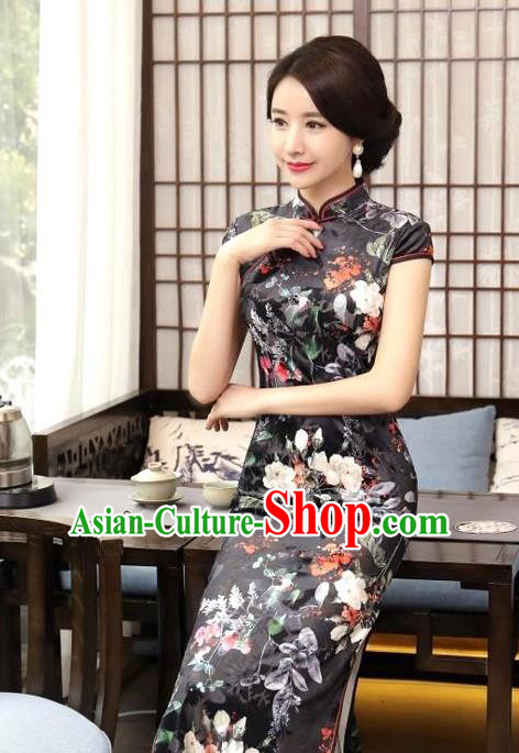 Chinese National Costume Handmade Tang Suit Black Qipao Dress Traditional Printing Silk Cheongsam for Women