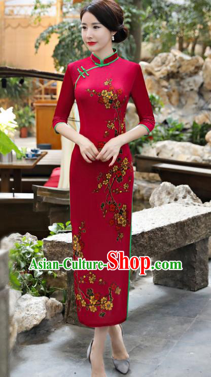 Chinese National Costume Tang Suit Rosy Pleuche Qipao Dress Traditional Cheongsam for Women