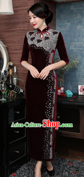 Chinese National Costume Retro Purplish Red Velvet Qipao Dress Traditional Republic of China Tang Suit Cheongsam for Women