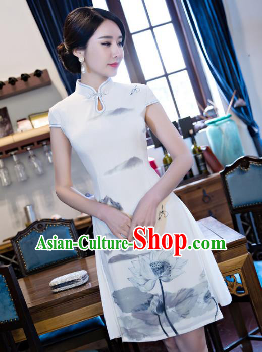 Chinese National Costume Retro Ink Painting Lotus White Velvet Qipao Dress Traditional Republic of China Tang Suit Cheongsam for Women