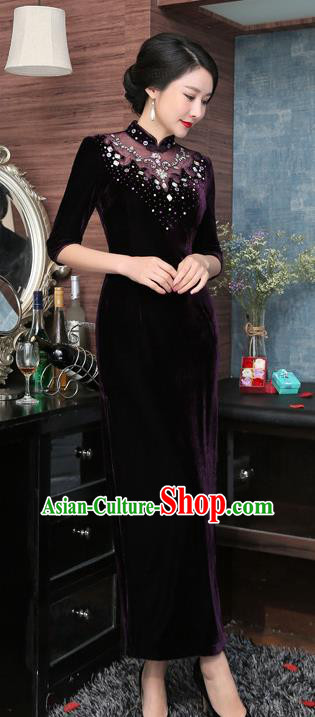 Chinese National Costume Retro Qipao Dress Traditional Republic of China Tang Suit Purple Velvet Cheongsam for Women