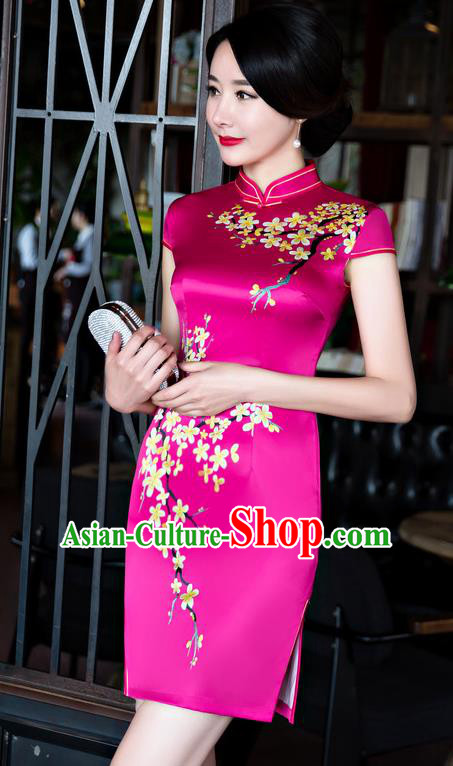 Chinese Top Grade Retro Rosy Silk Qipao Dress Traditional Republic of China Tang Suit Short Cheongsam for Women