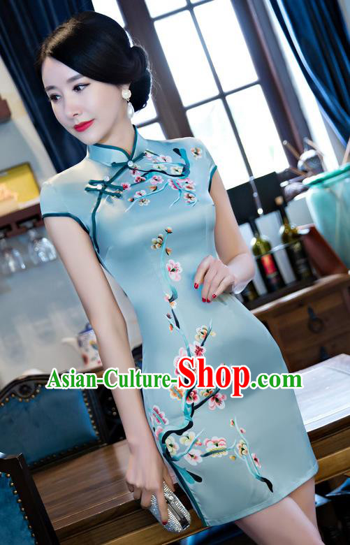 Chinese Top Grade Retro Blue Silk Qipao Dress Traditional Republic of China Tang Suit Short Cheongsam for Women