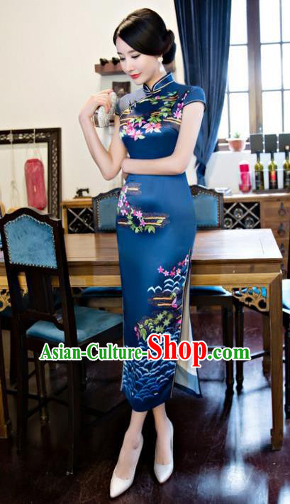 Chinese Top Grade Retro Printing Silk Qipao Dress Traditional Republic of China Tang Suit Navy Cheongsam for Women