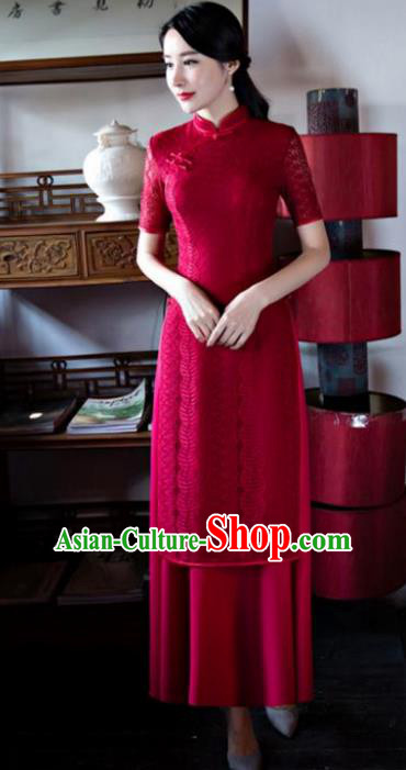 Chinese Top Grade Retro Wine Red Lace Qipao Dress Traditional Republic of China Tang Suit Cheongsam for Women