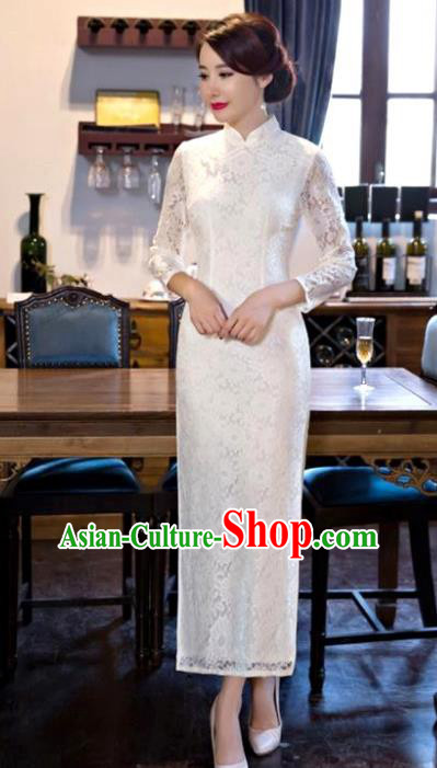 Chinese National Costume Tang Suit White Lace Qipao Dress Traditional Wedding Cheongsam for Women