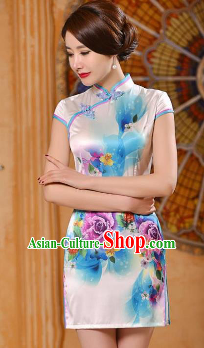 Chinese National Costume Tang Suit Printing Rose White Silk Qipao Dress Traditional Wedding Cheongsam for Women