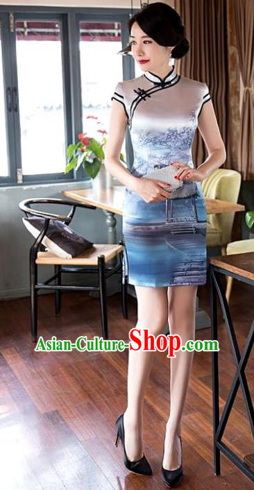 Chinese National Costume Tang Suit Printing Silk Qipao Dress Traditional Short Cheongsam for Women