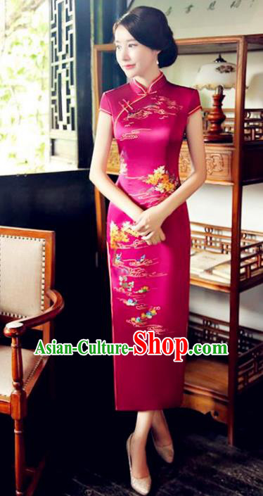 Chinese National Costume Tang Suit Qipao Dress Traditional Republic of China Rosy Silk Cheongsam for Women