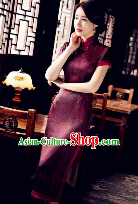 Chinese National Costume Tang Suit Qipao Dress Traditional Republic of China Wine Red Cheongsam for Women