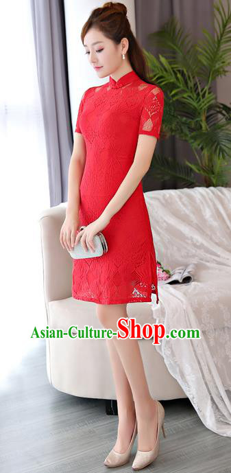 Chinese National Costume Tang Suit Red Lace Qipao Dress Traditional Republic of China Cheongsam for Women