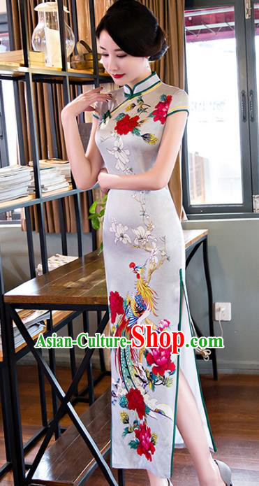 Chinese National Costume Tang Suit Qipao Dress Traditional Republic of China Printing Phoenix Cheongsam for Women
