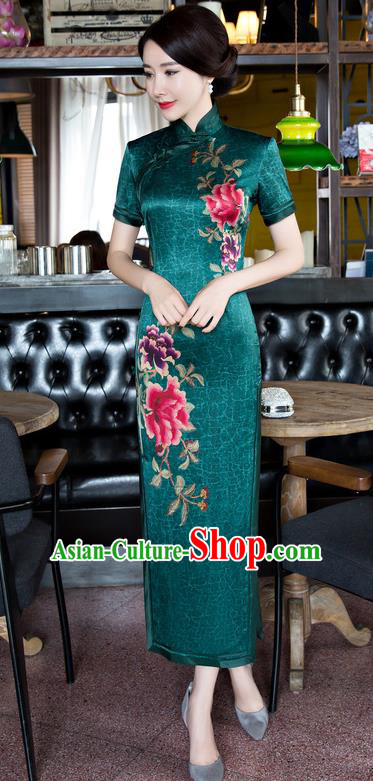 Chinese National Costume Tang Suit Green Qipao Dress Traditional Republic of China Printing Peony Cheongsam for Women