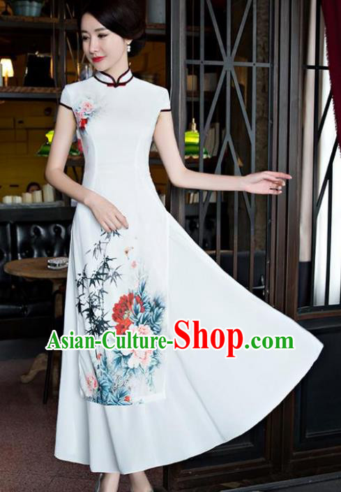 Chinese National Costume Tang Suit Qipao Dress Traditional Republic of China Printing Peony Cheongsam for Women