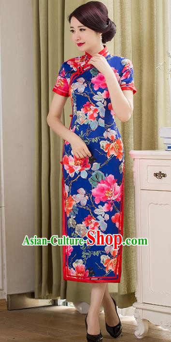 Chinese National Costume Tang Suit Blue Qipao Dress Traditional Republic of China Printing Peony Flowers Cheongsam for Women