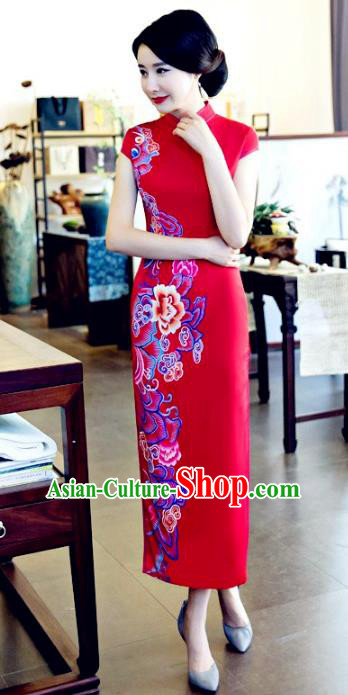 Chinese National Costume Tang Suit Printing Peony Qipao Dress Traditional Republic of China Red Silk Cheongsam for Women