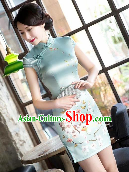 Chinese National Costume Tang Suit Printing Qipao Dress Traditional Republic of China Green Silk Cheongsam for Women