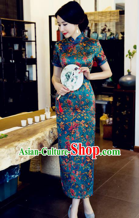 Chinese National Costume Tang Suit Printing Retro Qipao Dress Traditional Republic of China Green Silk Cheongsam for Women