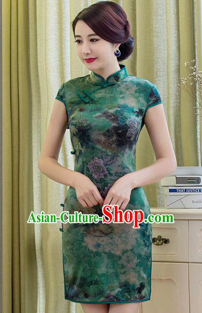 Chinese National Costume Tang Suit Printing Green Silk Retro Qipao Dress Traditional Republic of China Cheongsam for Women