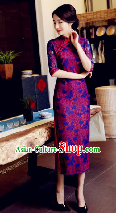 Chinese National Costume Tang Suit Printing Purple Retro Qipao Dress Traditional Republic of China Cheongsam for Women