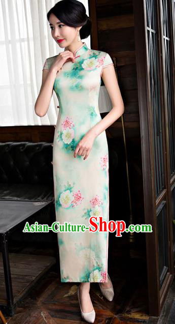 Chinese National Costume Retro Printing Light Green Silk Qipao Dress Traditional Republic of China Tang Suit Cheongsam for Women