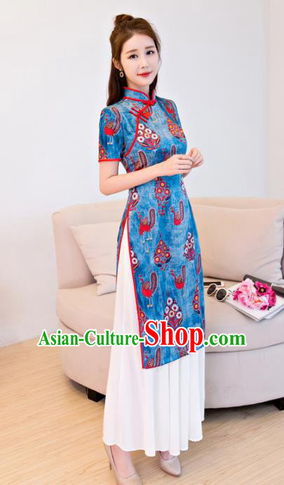 Chinese National Costume Retro Printing Blue Qipao Dress Traditional Republic of China Tang Suit Cheongsam for Women