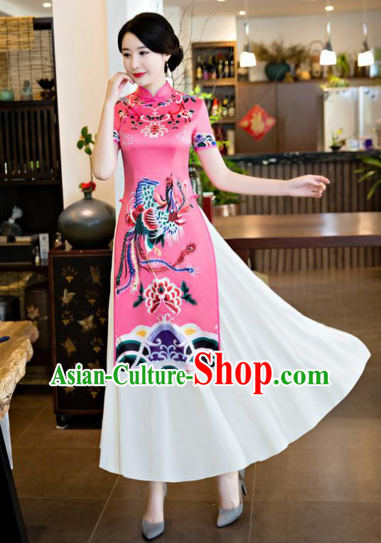 Chinese National Costume Retro Printing Phoenix Peony Pink Qipao Dress Traditional Republic of China Tang Suit Cheongsam for Women