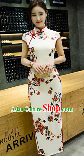 Chinese Top Grade Retro Printing Flowers White Qipao Dress Traditional Republic of China Tang Suit Cheongsam for Women