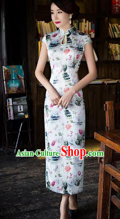 Chinese Top Grade Retro Printing Flowers Silk Qipao Dress Traditional Republic of China Tang Suit Cheongsam for Women