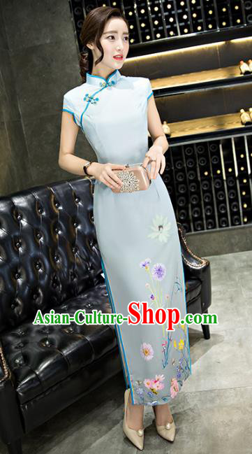 Chinese Top Grade Retro Printing Dandelion Blue Silk Qipao Dress Traditional Republic of China Tang Suit Cheongsam for Women