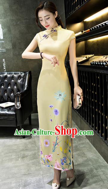 Chinese Top Grade Retro Printing Dandelion Yellow Silk Qipao Dress Traditional Republic of China Tang Suit Cheongsam for Women