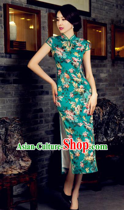 Chinese Top Grade Retro Green Silk Qipao Dress Traditional Republic of China Tang Suit Cheongsam for Women