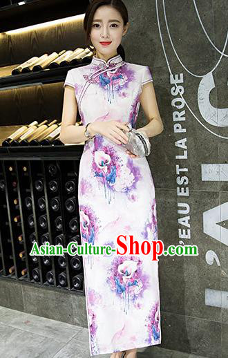 Chinese Top Grade Retro Printing Lily Flowers Purple Silk Qipao Dress Traditional Republic of China Tang Suit Cheongsam for Women