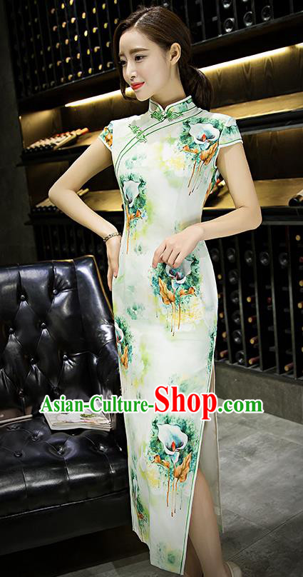 Chinese Top Grade Retro Printing Lily Flowers Green Silk Qipao Dress Traditional Republic of China Tang Suit Cheongsam for Women