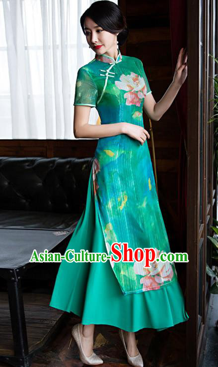 Chinese Top Grade Retro Printing Lotus Green Qipao Dress Traditional Republic of China Tang Suit Cheongsam for Women