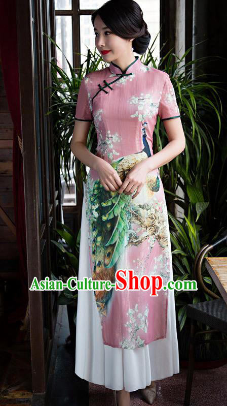 Chinese Top Grade Retro Printing Peacock Pink Qipao Dress Traditional Republic of China Tang Suit Cheongsam for Women