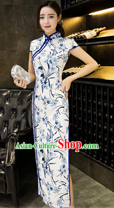 Chinese Top Grade Retro Blue and White Porcelain Silk Qipao Dress Traditional Republic of China Tang Suit Cheongsam for Women