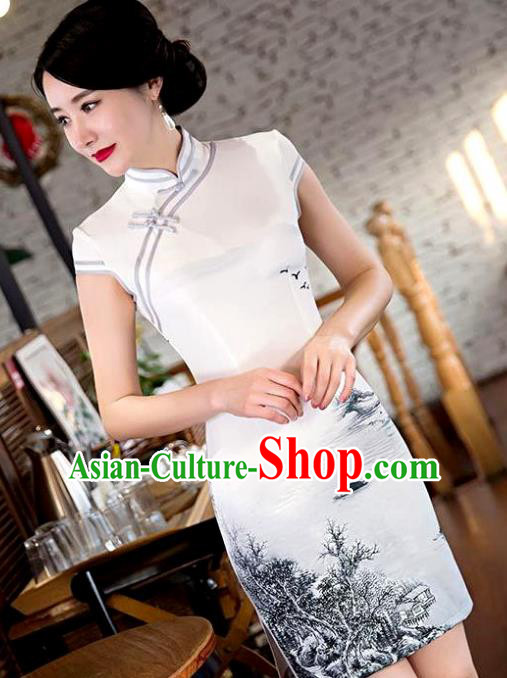 Chinese Top Grade Retro Landscape Painting Qipao Dress Traditional Republic of China Tang Suit Cheongsam for Women