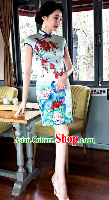 Chinese Top Grade Elegant Printing Flowers Birds Qipao Dress Traditional Republic of China Tang Suit Cheongsam for Women