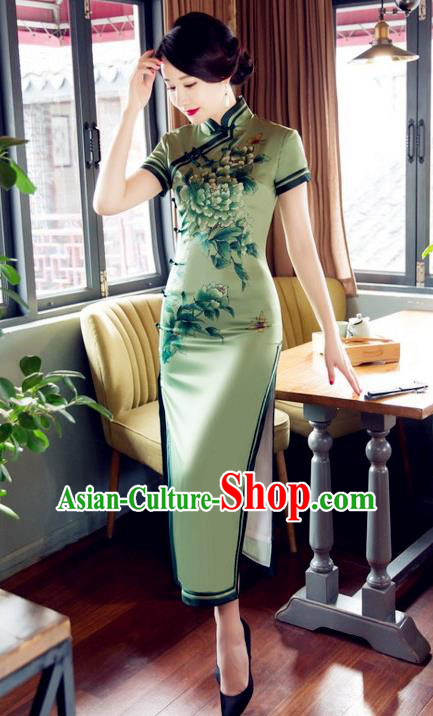 Top Grade Chinese Elegant Printing Peony Green Cheongsam Traditional Republic of China Tang Suit Silk Qipao Dress for Women