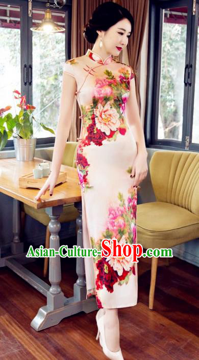 Top Grade Chinese Elegant Printing Peony Cheongsam Traditional Republic of China Tang Suit Silk Qipao Dress for Women