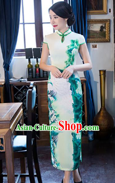 Top Grade Chinese Elegant Printing Peony Green Cheongsam Traditional Republic of China Tang Suit Silk Qipao Dress for Women