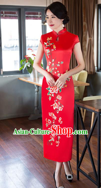 Top Grade Chinese Elegant Cheongsam Traditional China Tang Suit Red Silk Qipao Dress for Women