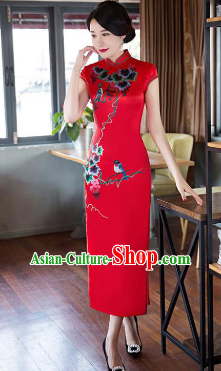 Top Grade Chinese Elegant Cheongsam Traditional China Tang Suit Printing Red Silk Qipao Dress for Women